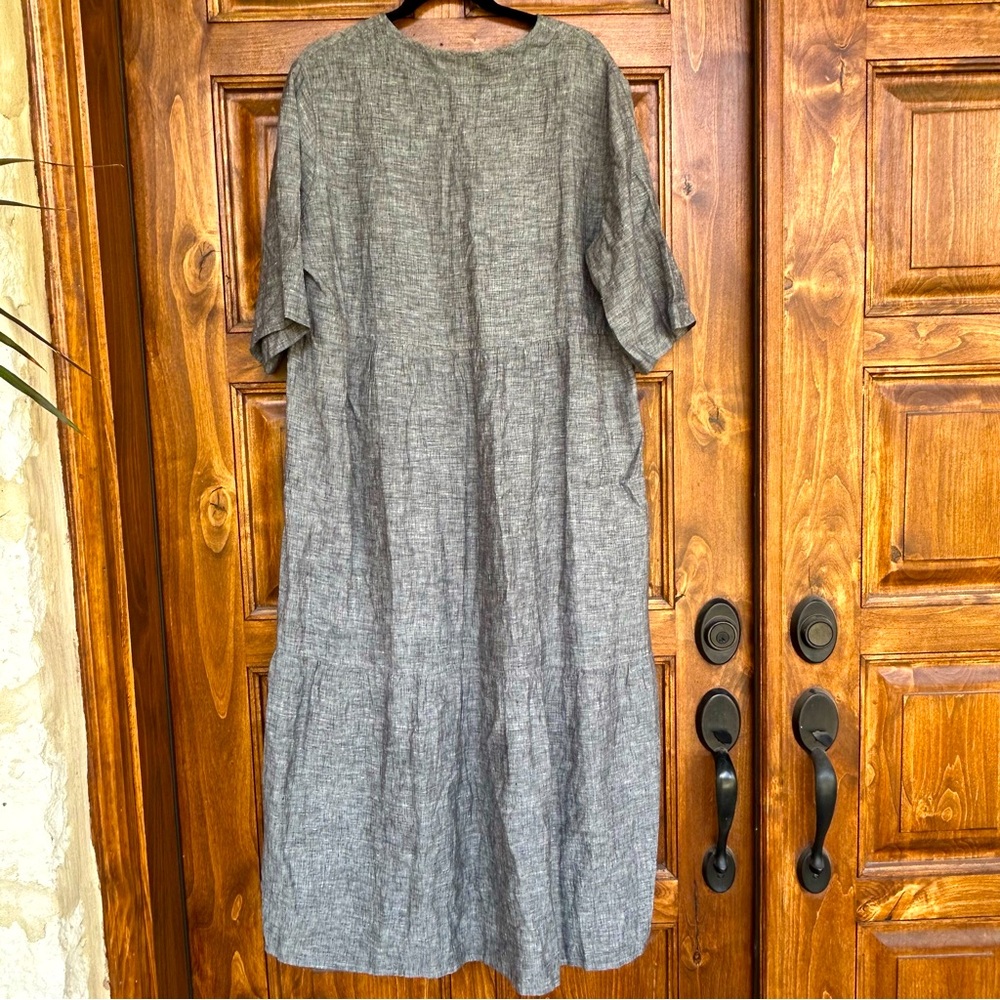 Poetry 100% Linen Gray V-neck 3/4 Sleeve Dress Casual - Picture 5 of 7